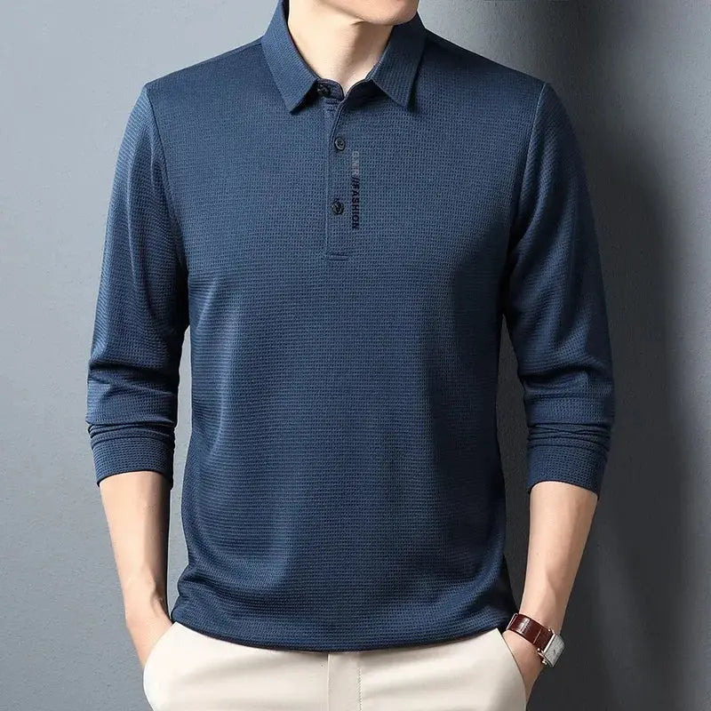R&z - Men’s Waffle Long Sleeved POLO Shirt with Letter Printed Lapel Casual Top - Dress Shirt