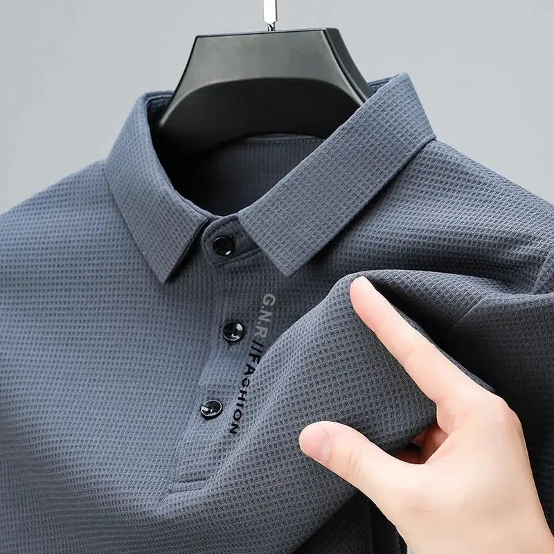 R&z - Men’s Waffle Long Sleeved POLO Shirt with Letter Printed Lapel Casual Top - Dress Shirt