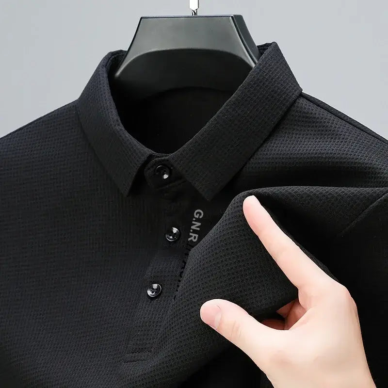 R&z - Men’s Waffle Long Sleeved POLO Shirt with Letter Printed Lapel Casual Top - Dress Shirt