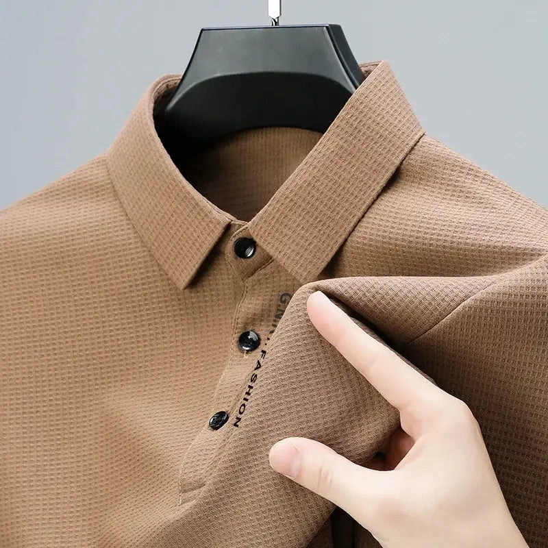 R&z - Men’s Waffle Long Sleeved POLO Shirt with Letter Printed Lapel Casual Top - Dress Shirt