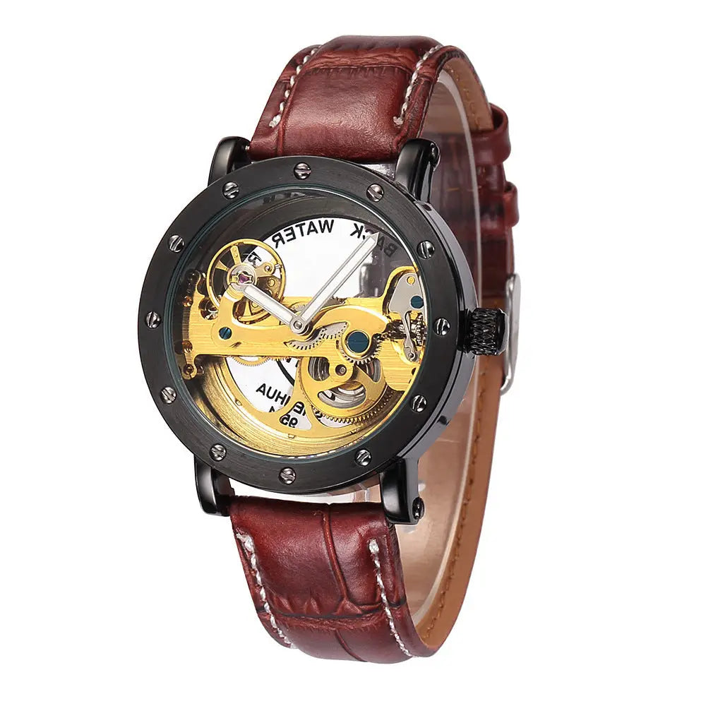 R&z men’s waterproof tourbillon automatic mechanical skeleton watch with black case gold gears and brown leather strap