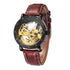 R&z men’s waterproof tourbillon automatic mechanical skeleton watch with black case gold gears and brown leather strap