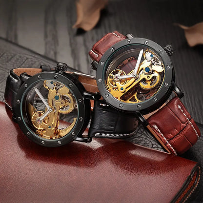 Two r&amp;z men’s waterproof tourbillon automatic mechanical watches with black cases gold gears brown and black leather straps