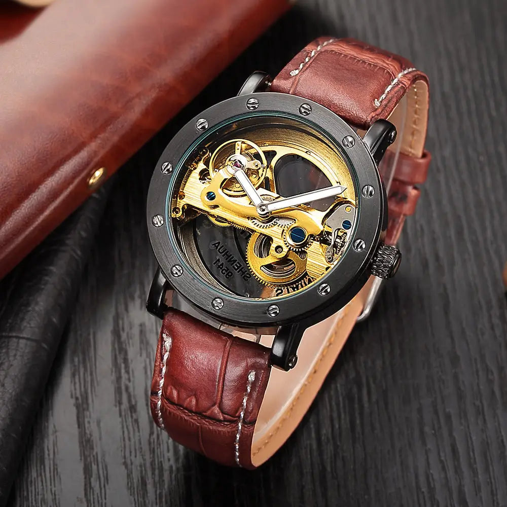 R&Z men’s waterproof tourbillon automatic mechanical watch with black case, gold gears, and brown leather strap