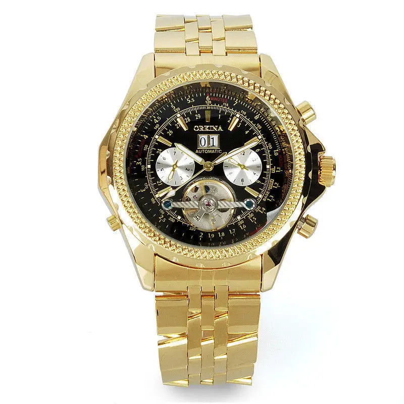 R&Z multifunctional calendar men’s automatic mechanical watch in gold-tone stainless steel with black dial and silver subdials