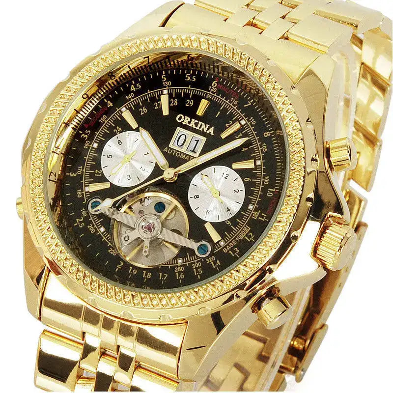 R&Z multifunctional calendar men’s automatic mechanical watch in gold tone with black dial and silver subdials showing movement