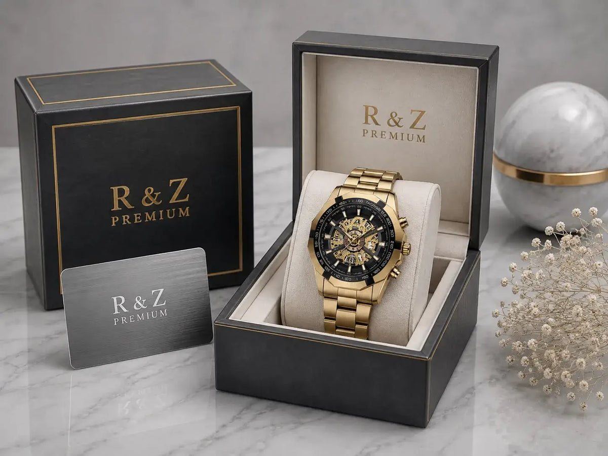 R&Z gold-tone automatic mechanical watch with skeleton dial and metallic bracelet in premium branded box