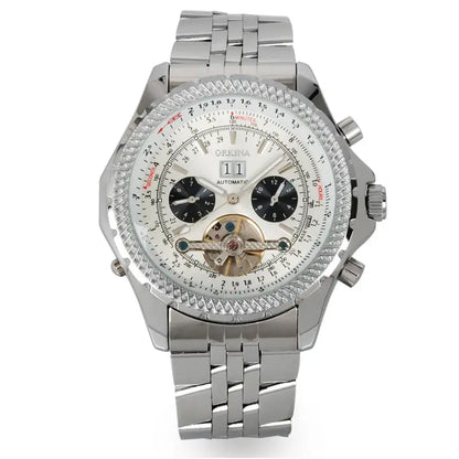 R&amp;Z multifunctional calendar men’s automatic mechanical watch with silver tone, white dial, black subdials, and exposed movement