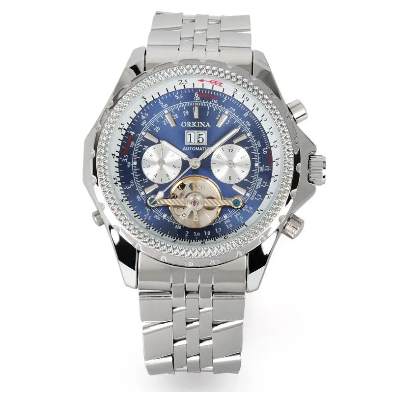 Silver-toned r&z multifunctional calendar men’s automatic mechanical watch with blue dial diamond bezel and steel bracelet