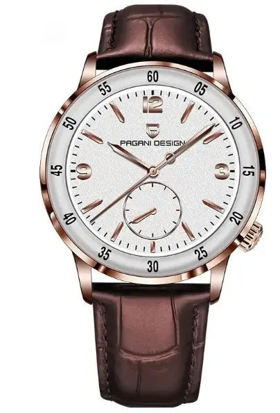R&Z new fashion mens mechanical watch with rose gold case white dial and dark brown leather strap