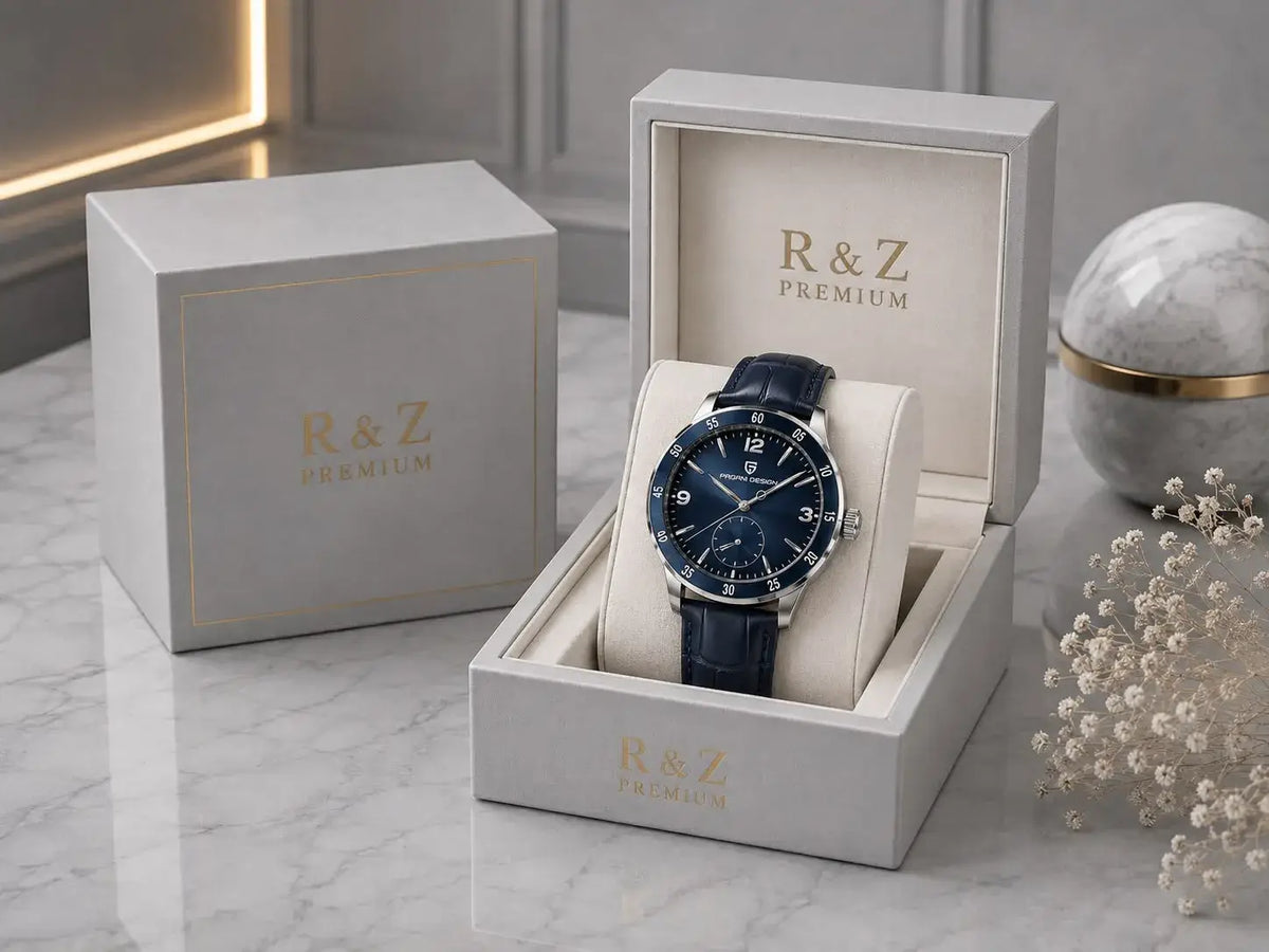 R&Z new fashion mens mechanical watch with dark blue dial silver case bezel and black leather strap