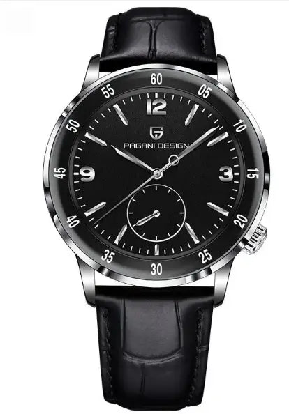 R&Z new fashion mens mechanical watch with black dial white markers black leather strap and silver pagani design bezel