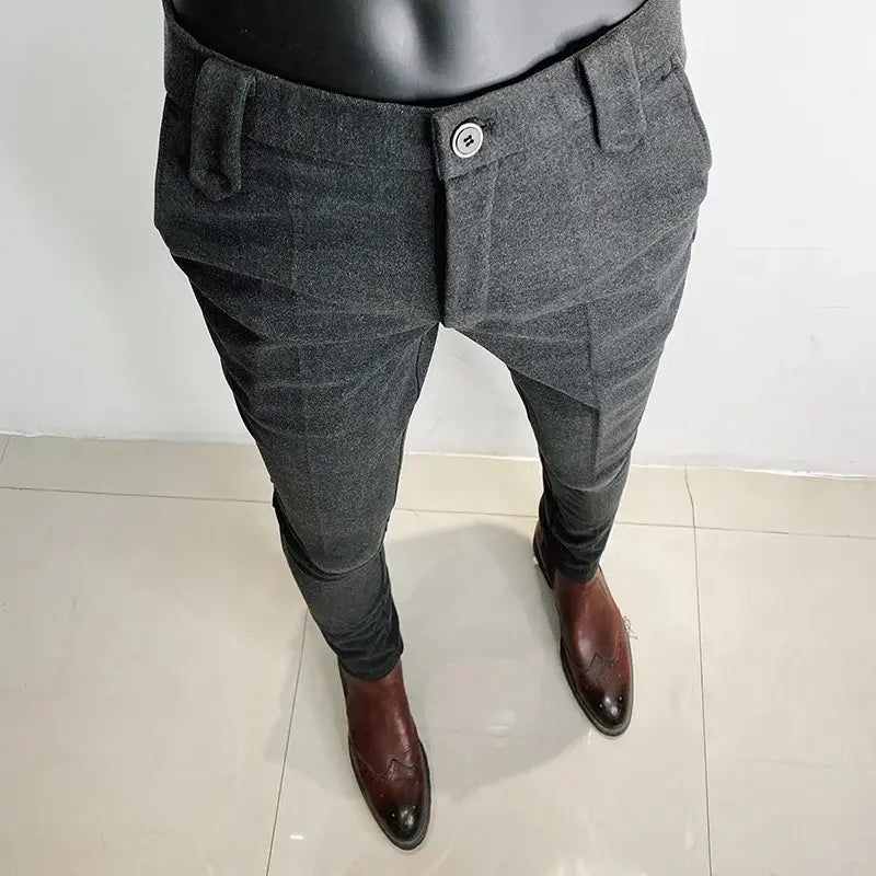R&z - Pants Men Casual Slim Fit Straight Trousers Formal Business Woolen Cloth Social Office Dress Pants - Gray / 32