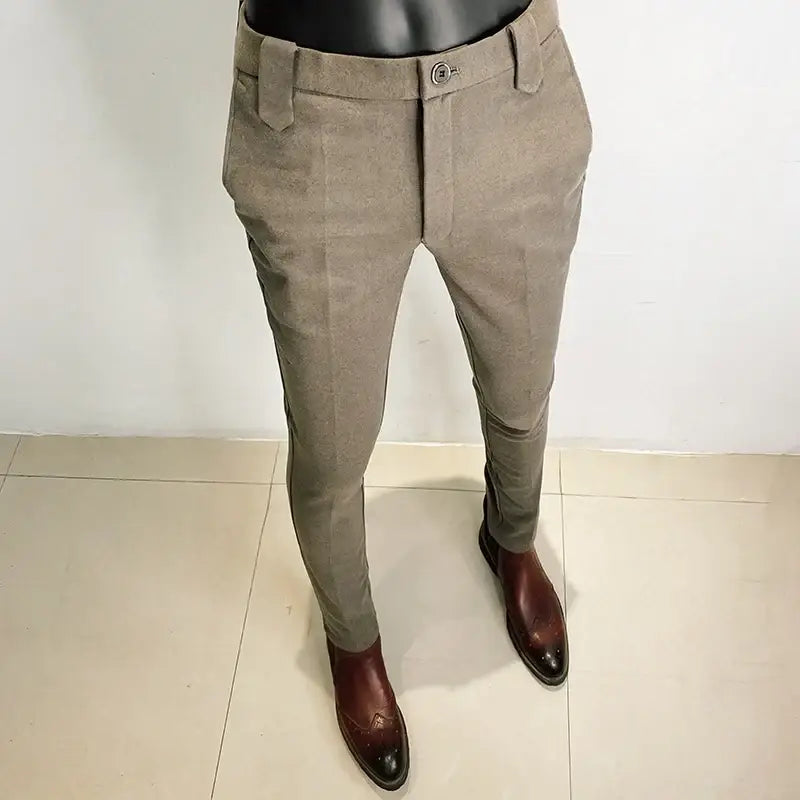 R&z - Pants Men Casual Slim Fit Straight Trousers Formal Business Woolen Cloth Social Office Dress Pants - Coffee / 30