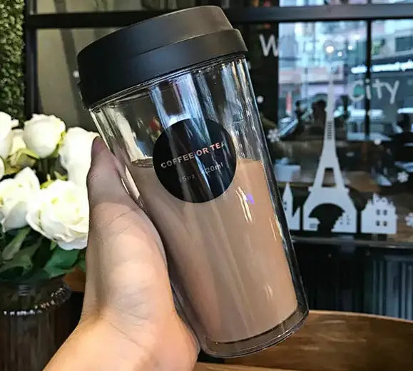 R&z portable double coffee cup clear double-walled tumbler with black lid and 500ml coffee or tea label