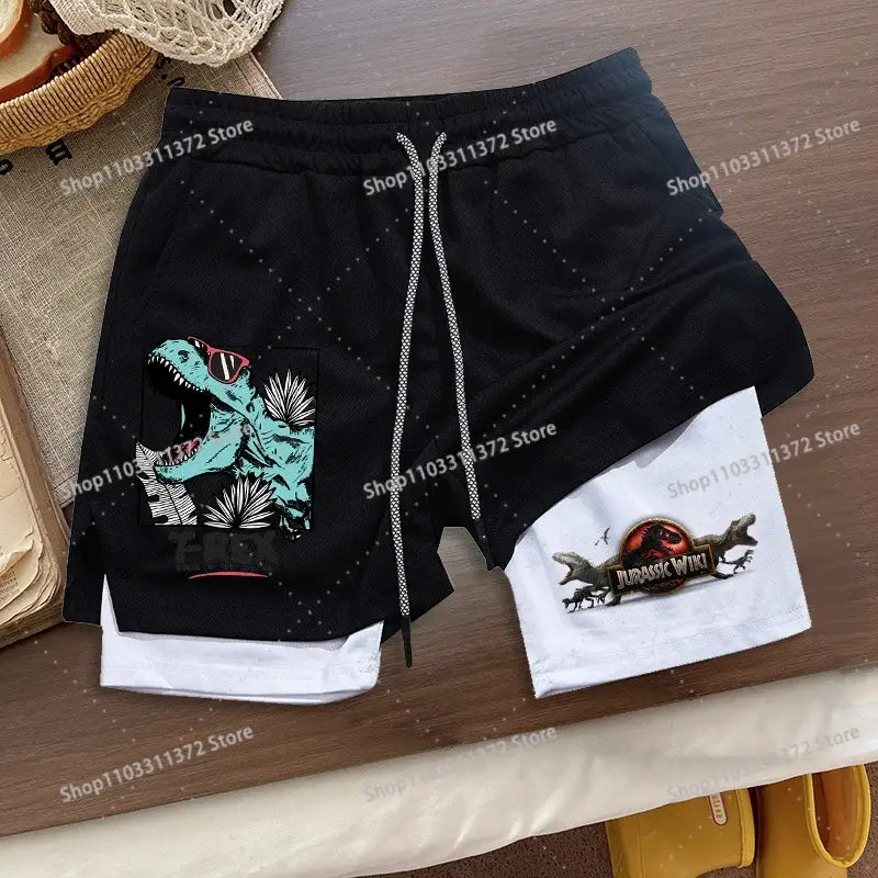 Black r&z shorts summer loose sport with teal dinosaur graphic and jurassic world logo layered over white shorts