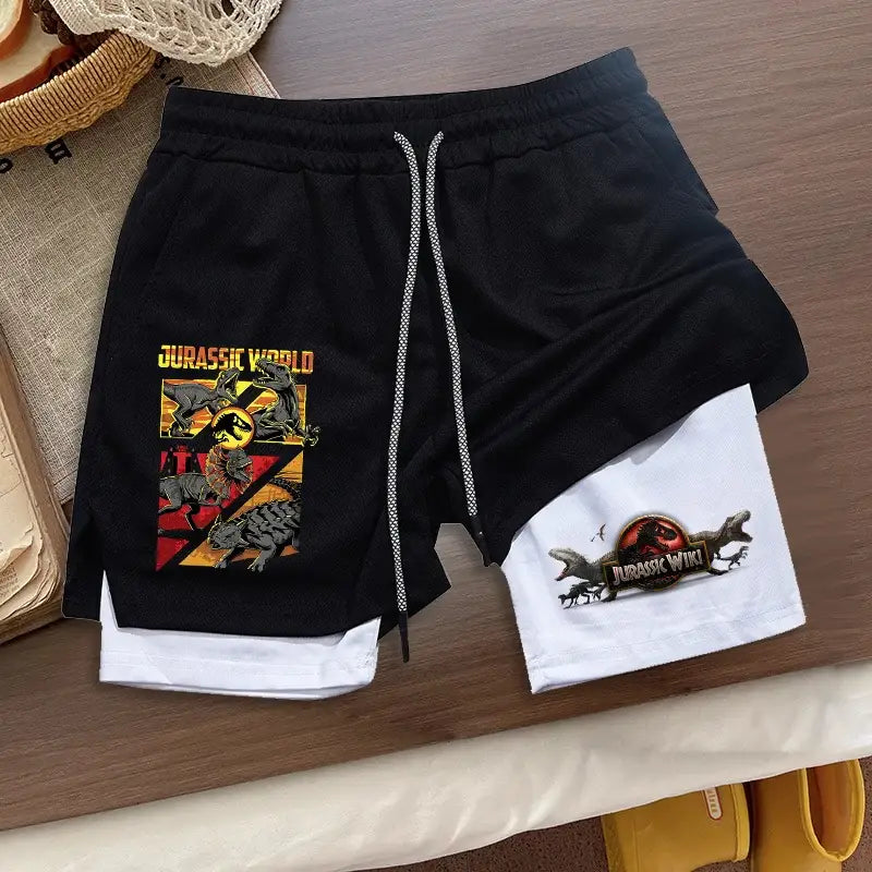 R&z black and white two-in-one jurassic world shorts summer loose sport with drawstring waistband