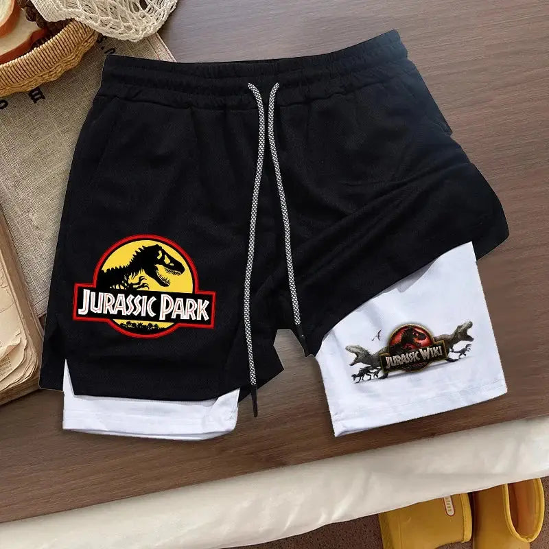 R&z loose sport shorts summer men’s black and white two-layer shorts with jurassic park logo on the front