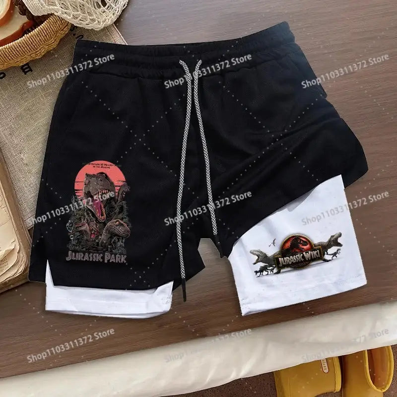 R&z shorts summer men’s loose sport black and white two-piece shorts with jurassic park graphic design on black layer