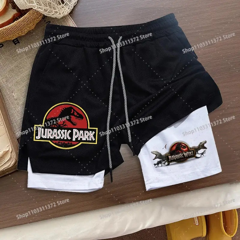 Black and white r&z shorts summer loose sport with jurassic park logo on front of black outer layer two-piece design