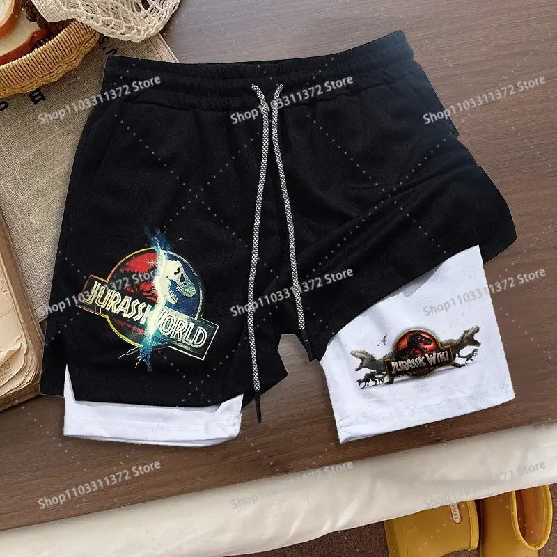 Black and white r&z loose sport shorts summer with jurassic world graphic and elastic waistband with silver drawstrings