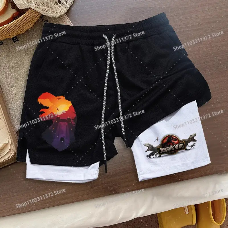 Black and white two-tone r&z shorts summer loose sport with dinosaur graphic print on front for men