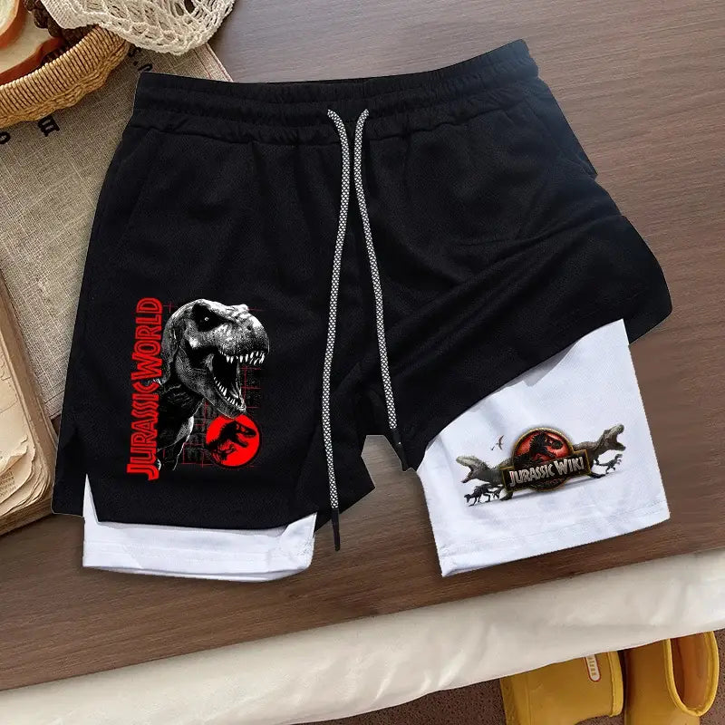 R&z shorts summer men’s loose sport black and white two-tone shorts with jurassic world t-rex and logo design