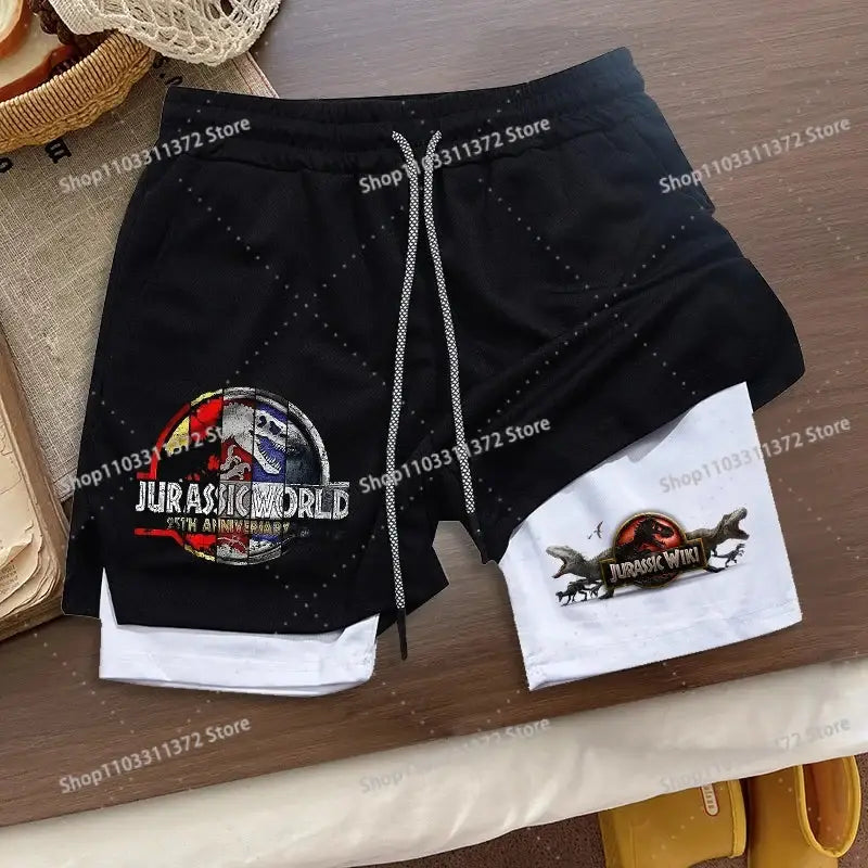 R&z shorts summer men’s loose sport in black and white two-tone with jurassic world 5th anniversary embroidered logo