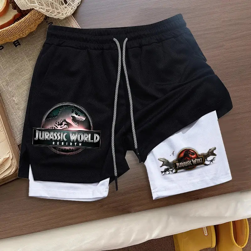 Black and white two-tone r&z shorts summer loose sport with jurassic world rebirth logo and silver drawstrings