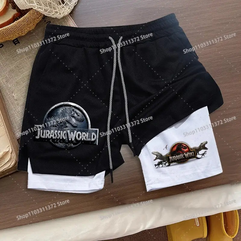 R&z shorts summer men’s loose sport black and white two-tone shorts with jurassic world logo patch on front