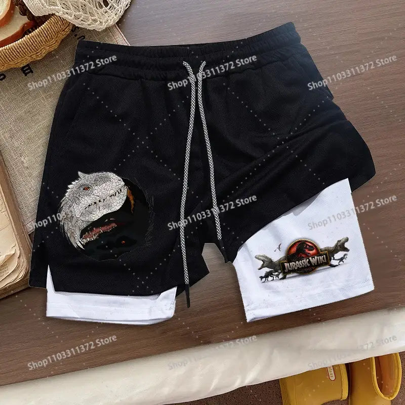 Black and white r&z shorts summer men’s loose sport with dinosaur graphic on outer leg for casual wear
