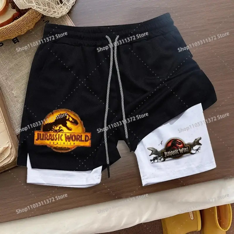 Black and white r&z shorts summer men’s loose sport swim trunks with jurassic world and jurassic wiki logos on front