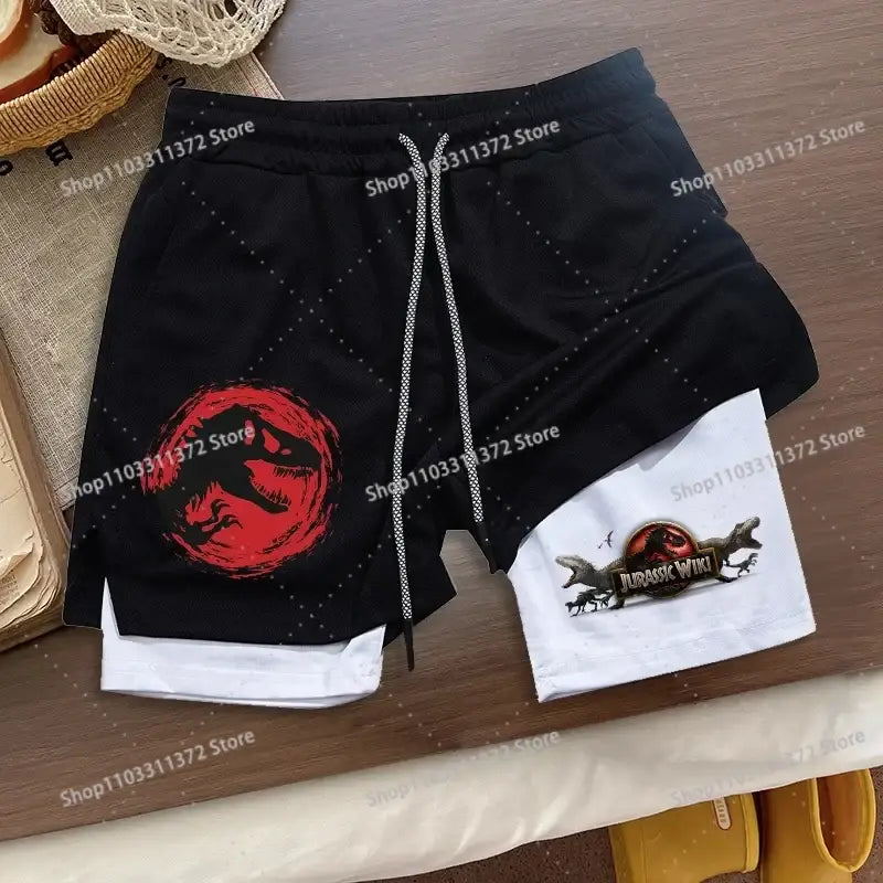 R&z shorts summer men’s loose sport black and white two-tone shorts with red jurassic world logo on left leg
