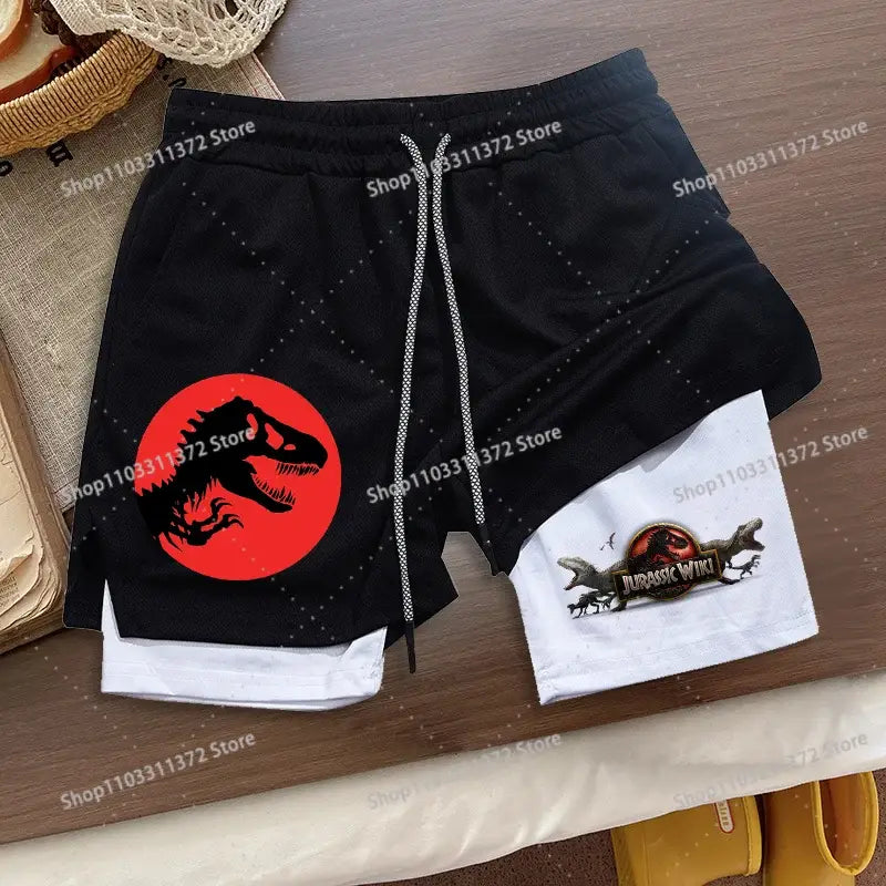 R&z shorts summer men’s loose sport black and white two-piece shorts with drawstring waistband and red t-rex logo