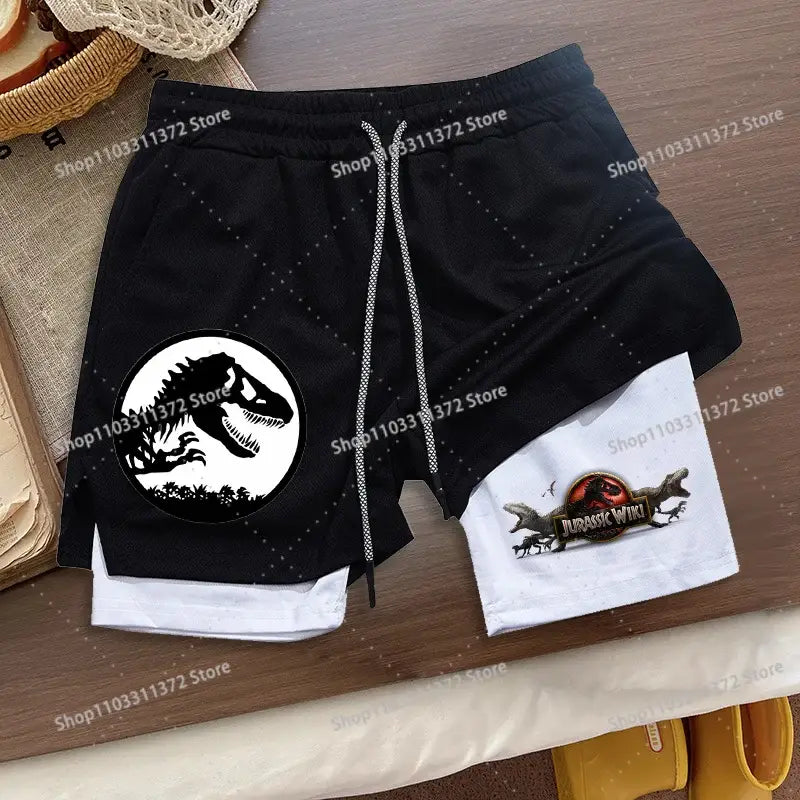 R&z shorts summer men’s loose sport featuring black and white two-piece design with jurassic park t-rex logo front