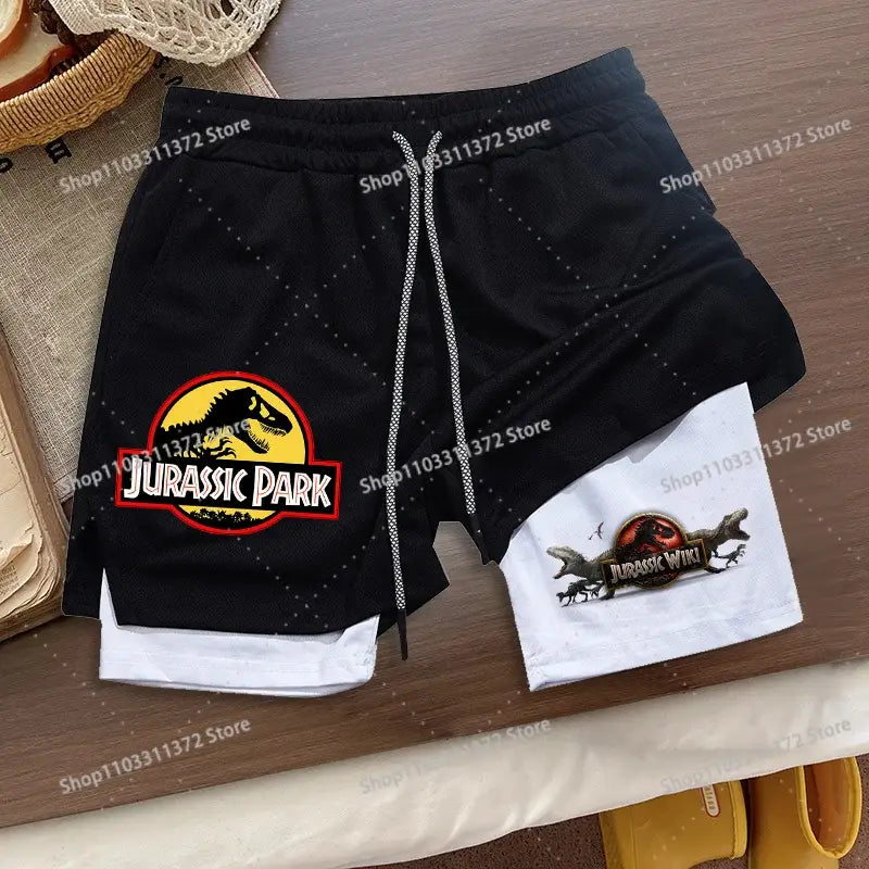 Black and white r&z shorts summer two-piece set featuring jurassic park and jurassic world logos loose sport style