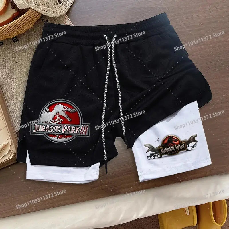 Black and white r&z shorts summer two-piece set with jurassic park and jurassic world logos for loose sport wear