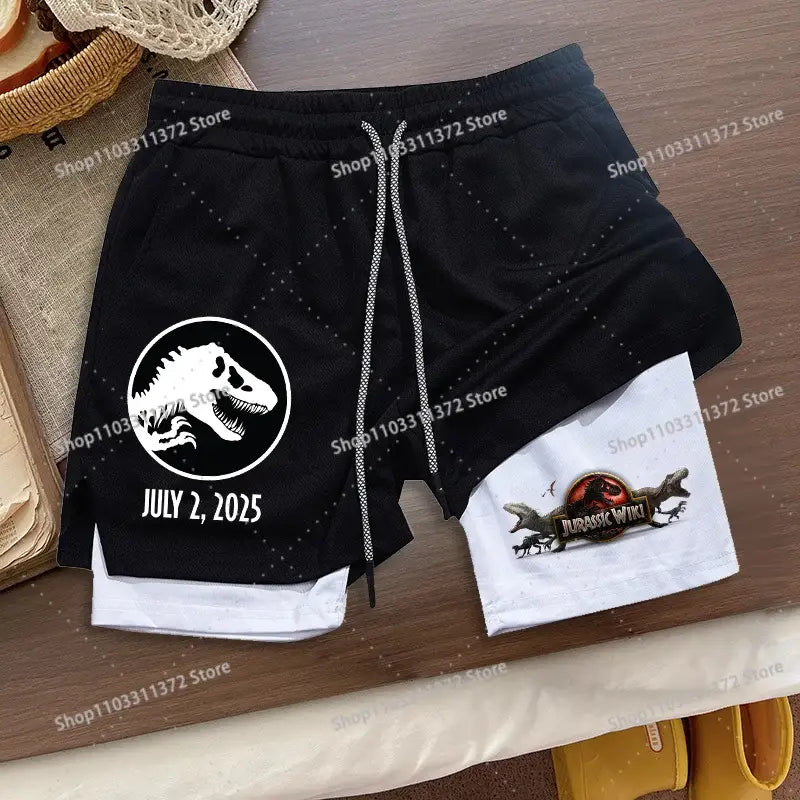 Black and white R&z shorts summer men’s loose sport two-piece with jurassic park logo and inner white layer