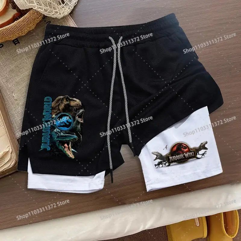 Black and white two-tone r&z shorts summer loose sport with jurassic world dinosaur graphics on each leg