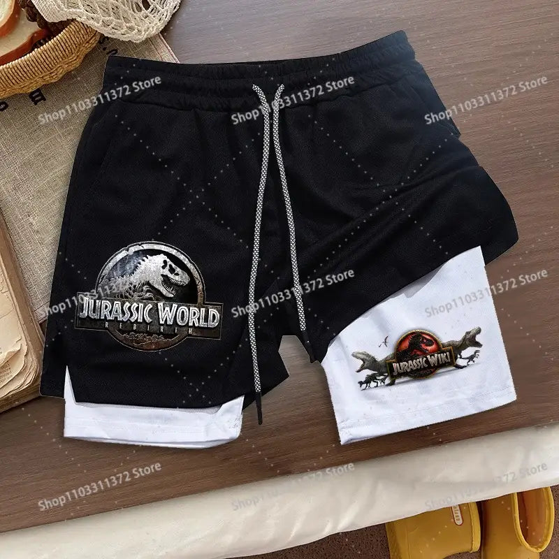 Black and white r&z shorts summer two-piece set with jurassic world dinosaur graphic loose sport style