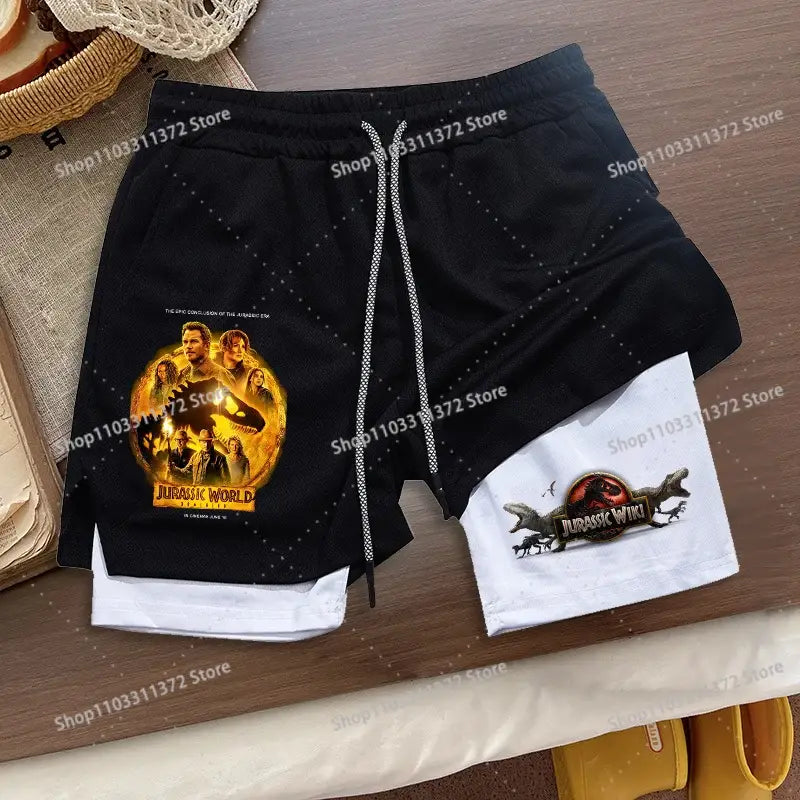 Black and white r&z shorts summer two-piece with jurassic world graphic for loose sport wear