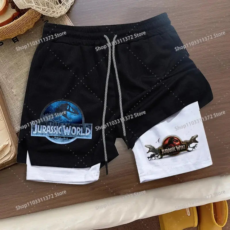 Black and white two-layered r&z shorts summer loose sport featuring jurassic world and jurassic park logos on front