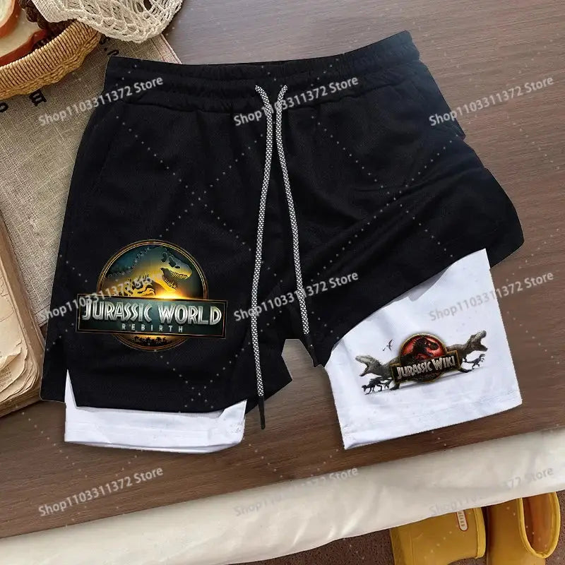 Black and white r&z shorts summer loose sport two-piece with jurassic world rebirth and jurassic wiki logos on front