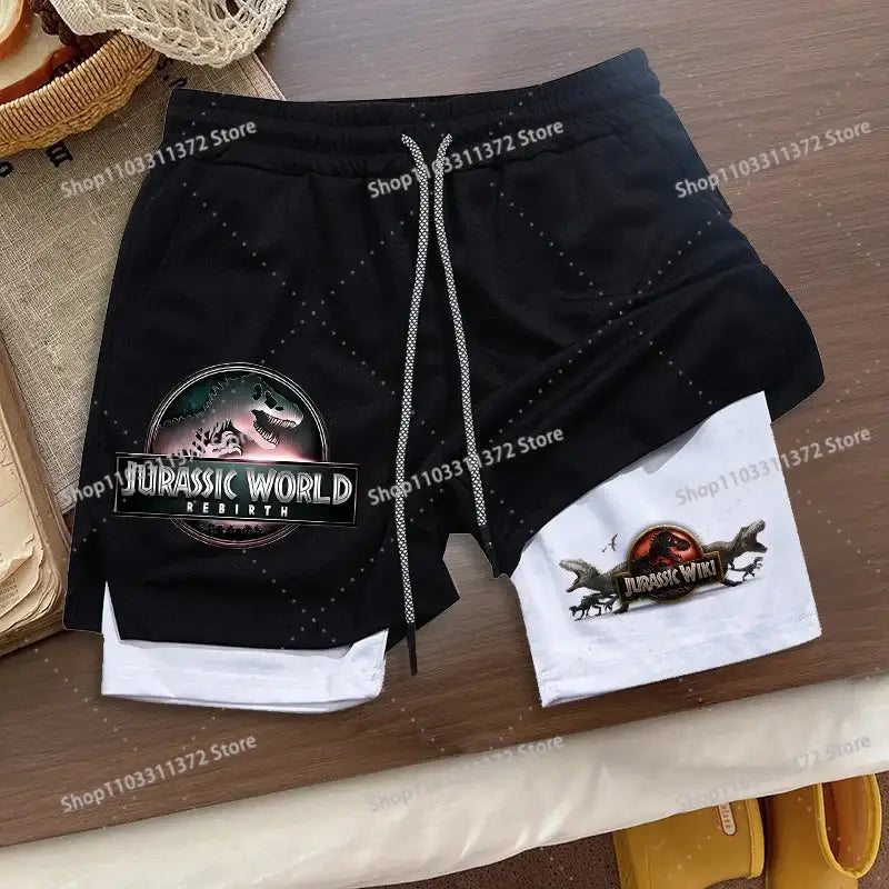 Black and white r&z shorts summer loose sport two-piece set with jurassic world rebirth and jurassic park logos and drawstring waistband