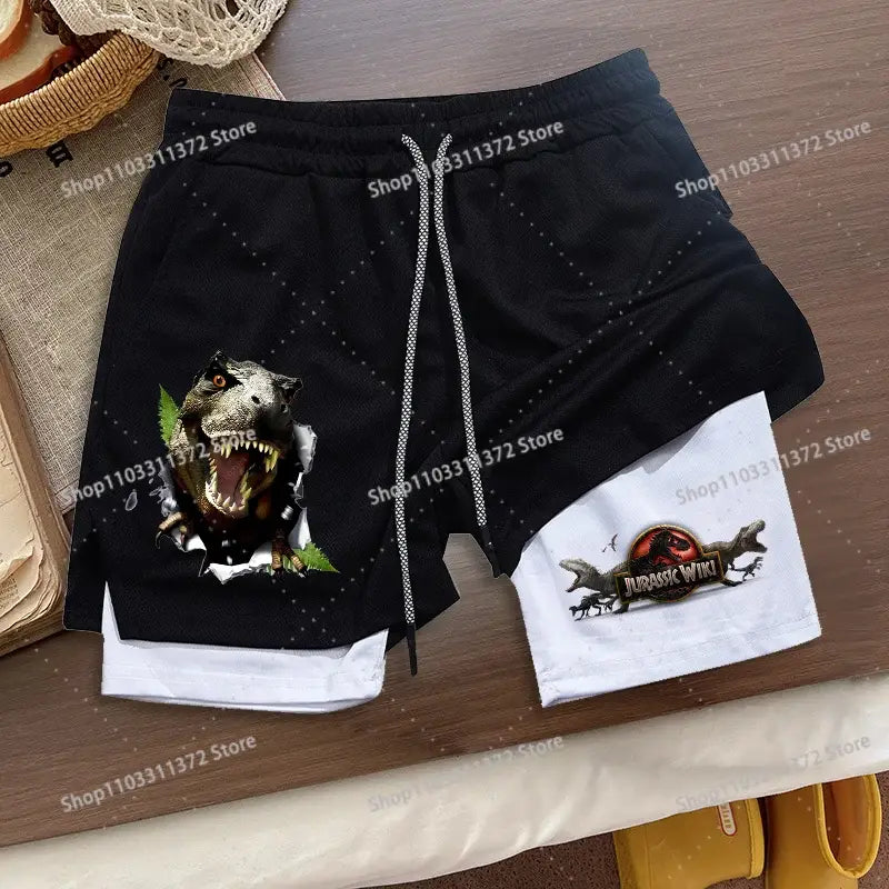 Black r&z shorts summer loose sport with 3d printed t-rex, white drawstrings, and white inner layer