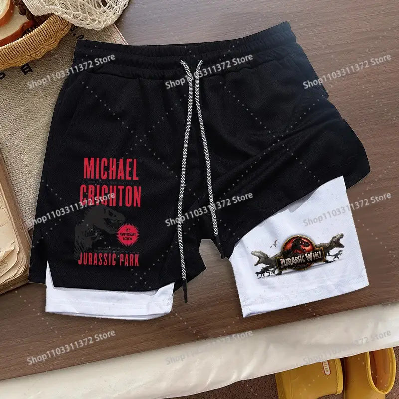 Black r&z shorts summer loose sport with white inner layer and red black michael crichton jurassic park dinosaur design