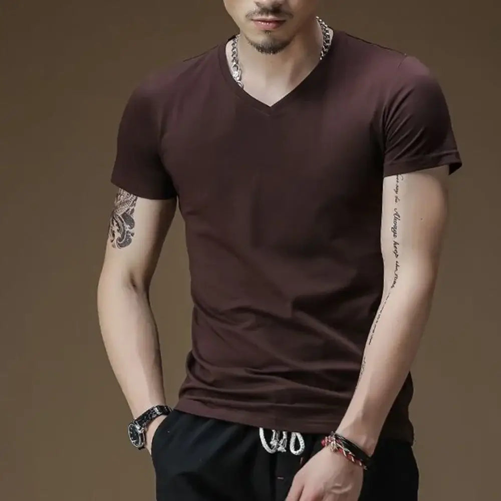R&z - Signature V-Neck Tee - Coffee / L - Casual Short Sleeve Shirts