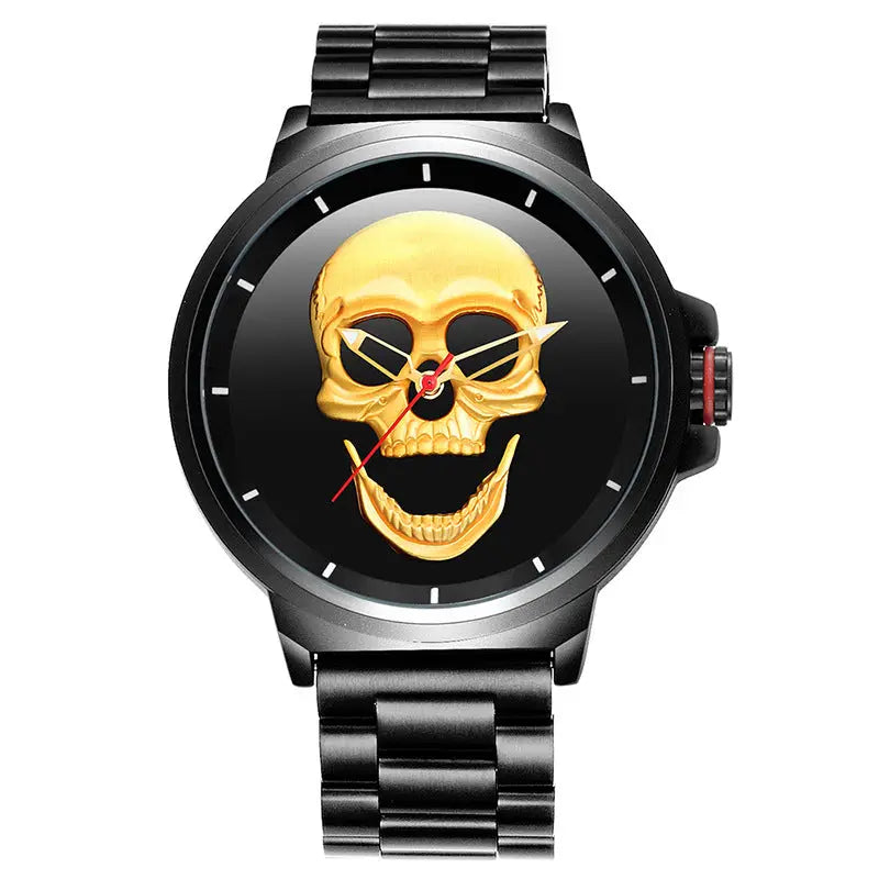R&z - Skull Watch with Sport Steel Strap - Black shell gold face