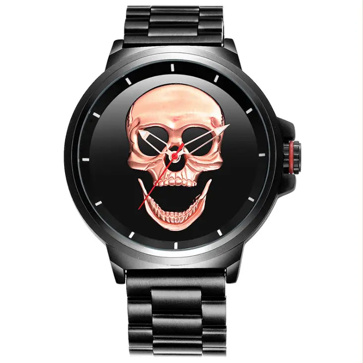 R&z - Skull Watch with Sport Steel Strap - Black shell rose gold face