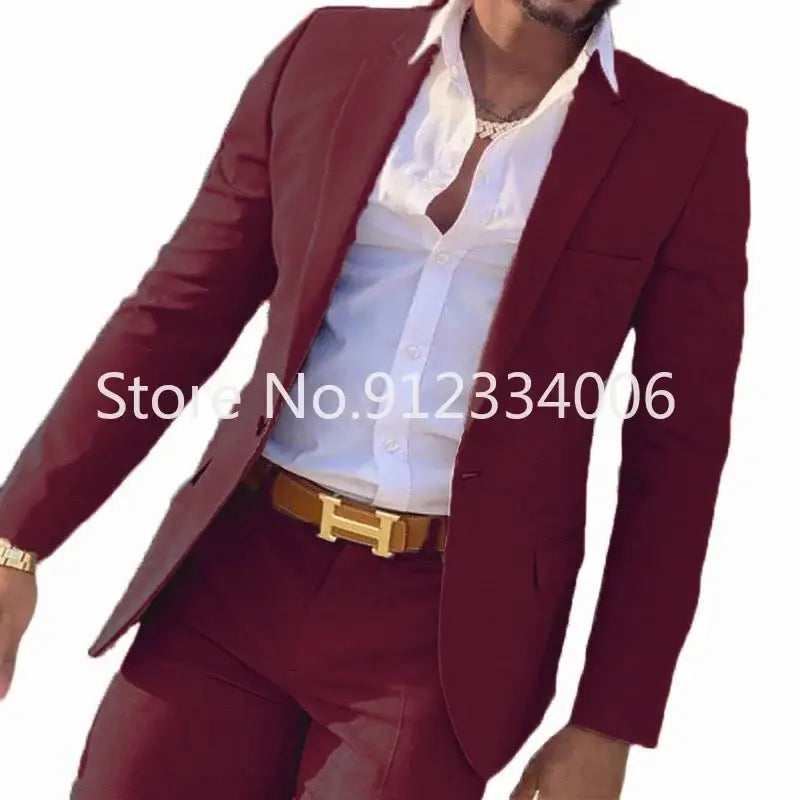 R&z - Slim Fit Wedding Groom Tuxedo Groomsmen Suits Male Fashion Smoking Costume Homme Blazer with Pants - Burgundy